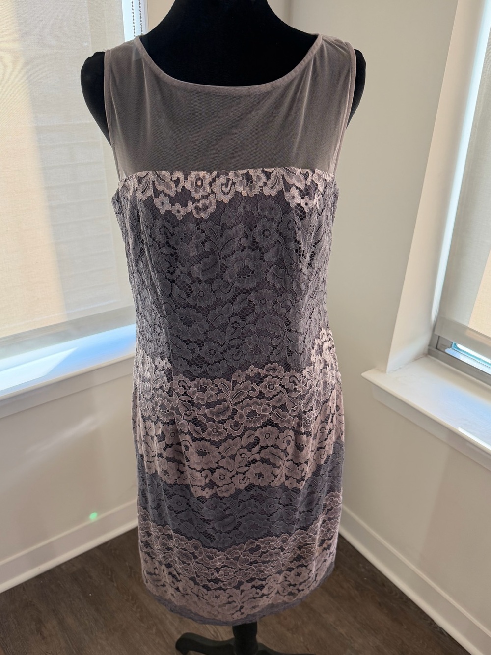 Scarlett Gray Mauve Lace Sheath Dress Illusion Neckline Size 10